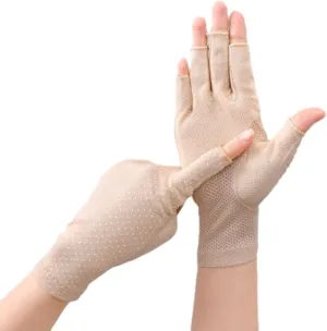 Cotton UV-Protection Fingerless Sun Gloves for Women Men, Mesh Nonslip Driving Cycling Nail Manicure Summer Gloves