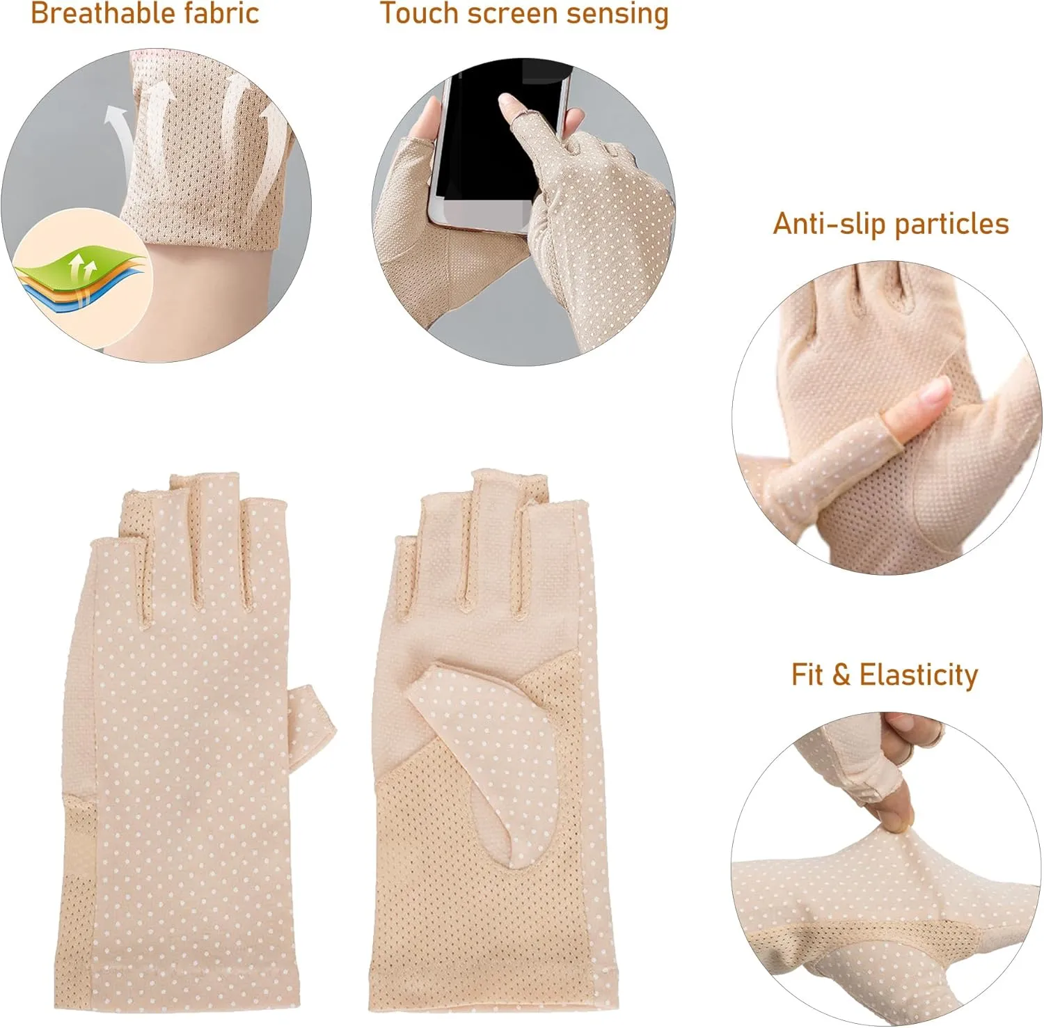 Cotton UV-Protection Fingerless Sun Gloves for Women Men, Mesh Nonslip Driving Cycling Nail Manicure Summer Gloves