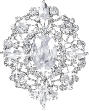 Crystal Brooch, Silver Brooches for Clothes, Diamante Brooches Pin for Women, Vintage Clear Elegant Silver Broach Pin for Sweater Coat Scarves Dress Wedding Bridal