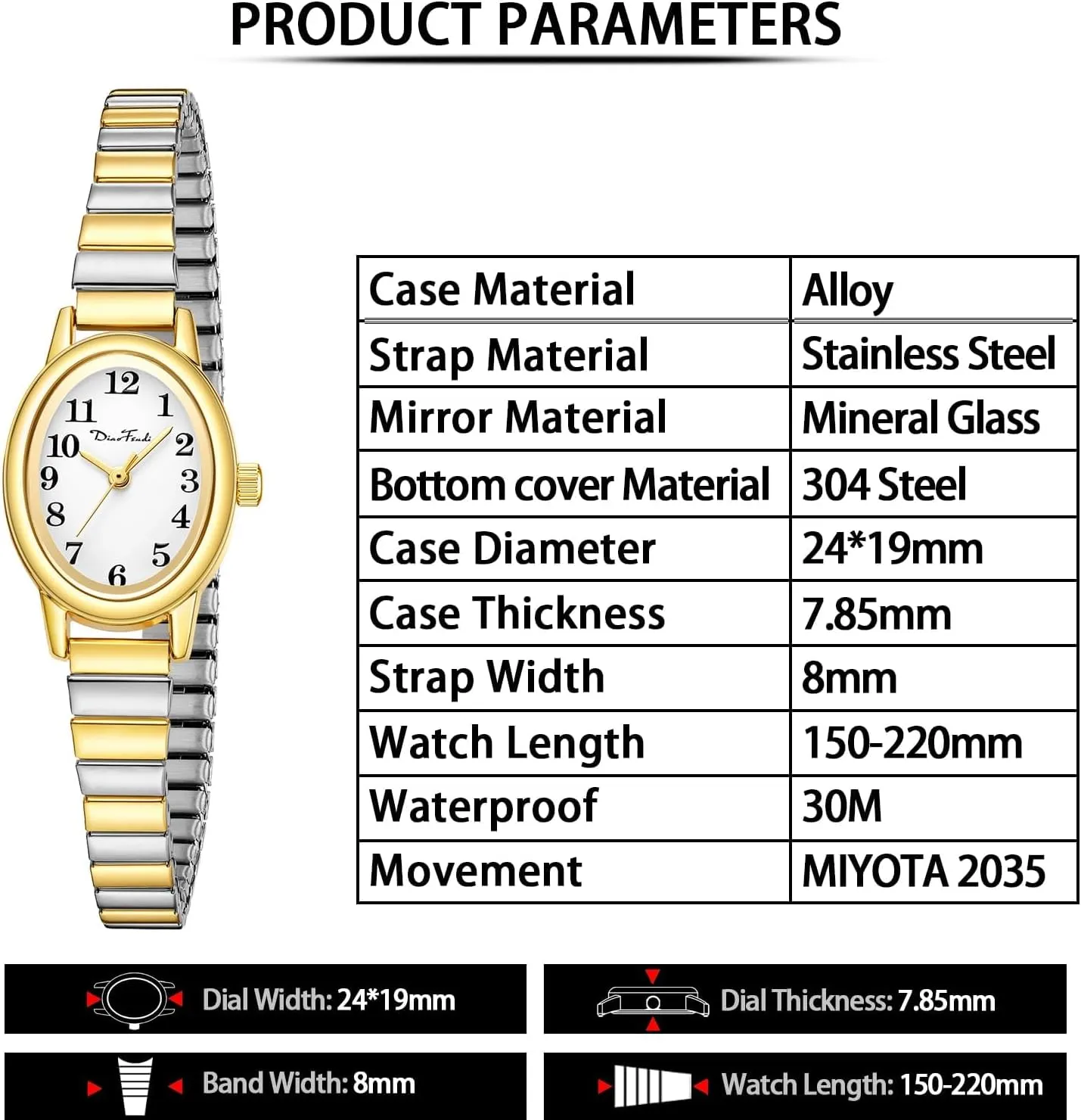 Diaofendi Petite Women's Easy Reader Watch, Analog Women Watch with Stainless Steel Expansion Band, Water Resistant