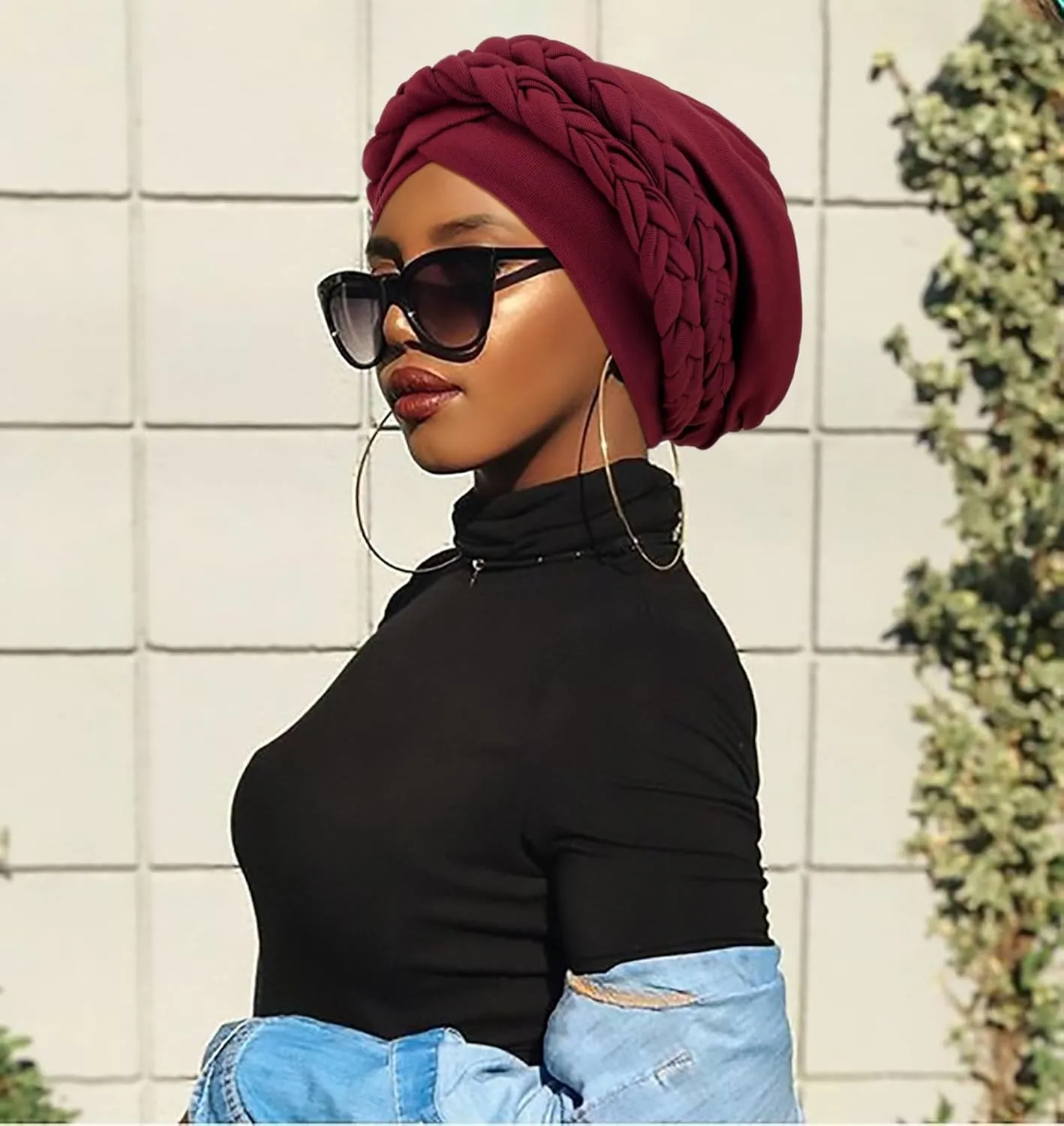 DRESHOW African Women Turban Caps Cotton Beanie Twist Headscarf Pre-Tied Double Twisted Braids Wrap Hat Chemo Cancer Cap