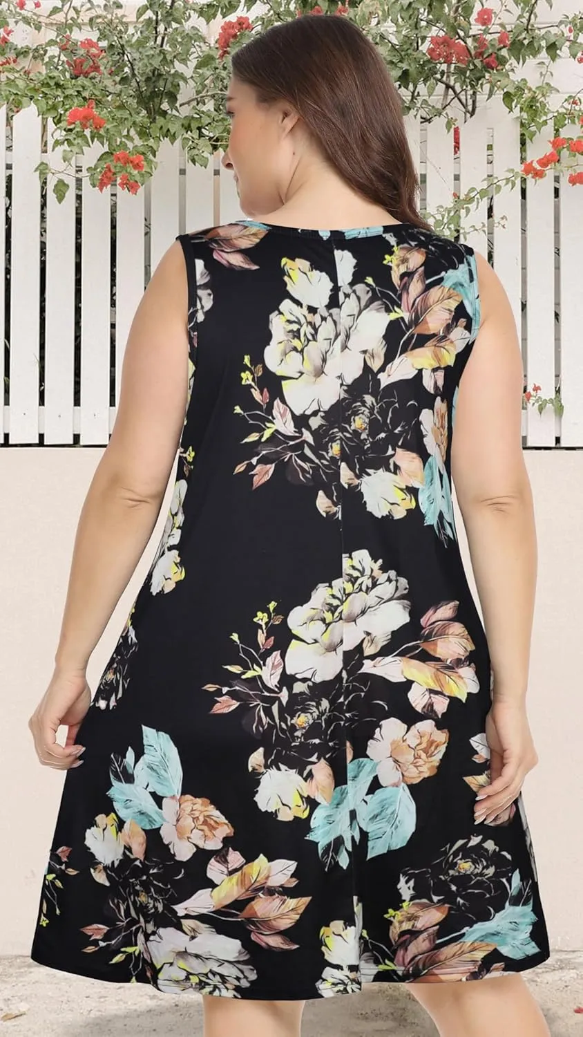 elescat Plus Size Summer Dresses for Women Sleeveless Pockets Beach Tshirt Tank Sundress