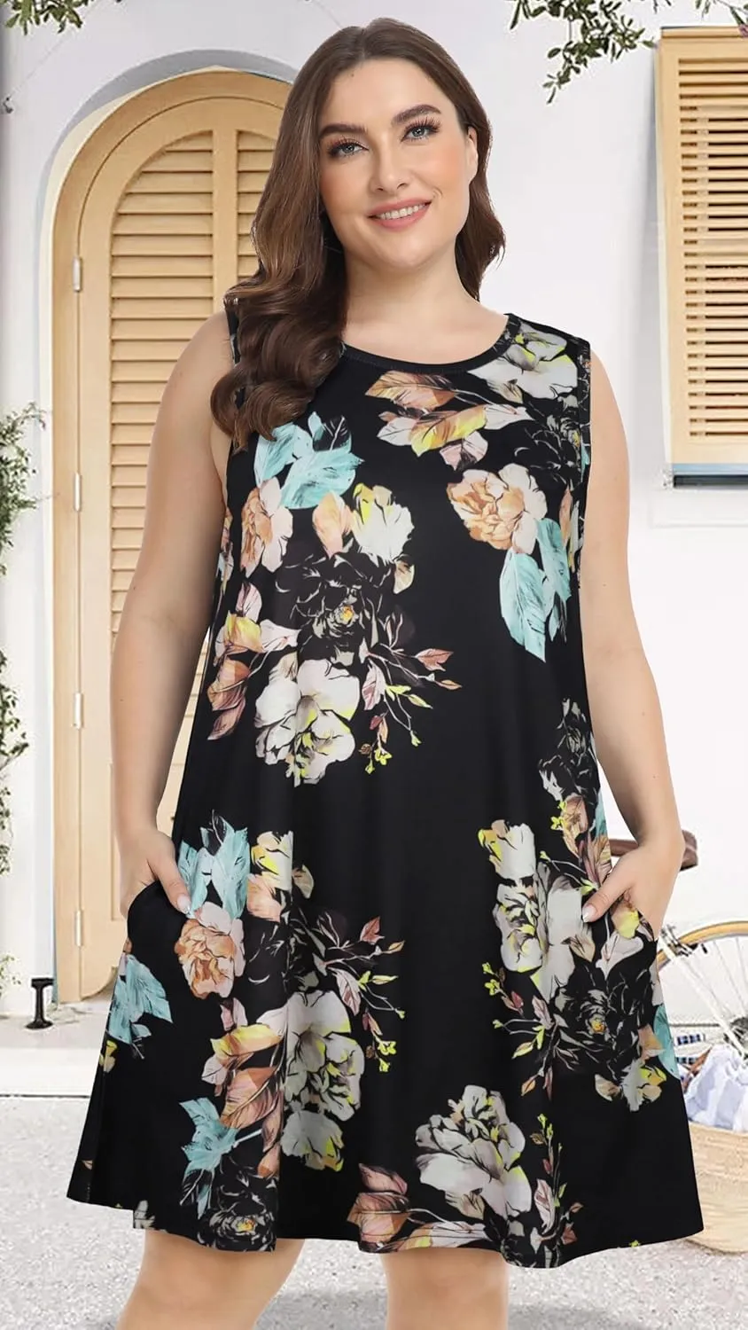 elescat Plus Size Summer Dresses for Women Sleeveless Pockets Beach Tshirt Tank Sundress