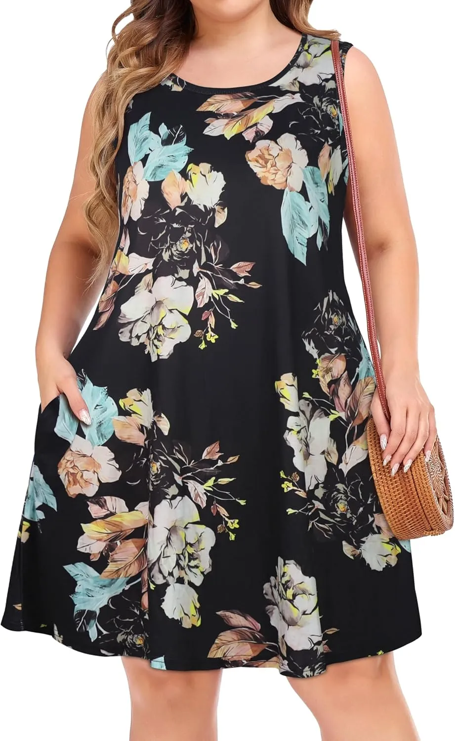 elescat Plus Size Summer Dresses for Women Sleeveless Pockets Beach Tshirt Tank Sundress