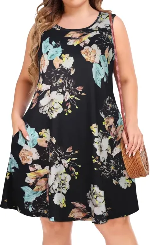 elescat Plus Size Summer Dresses for Women Sleeveless Pockets Beach Tshirt Tank Sundress