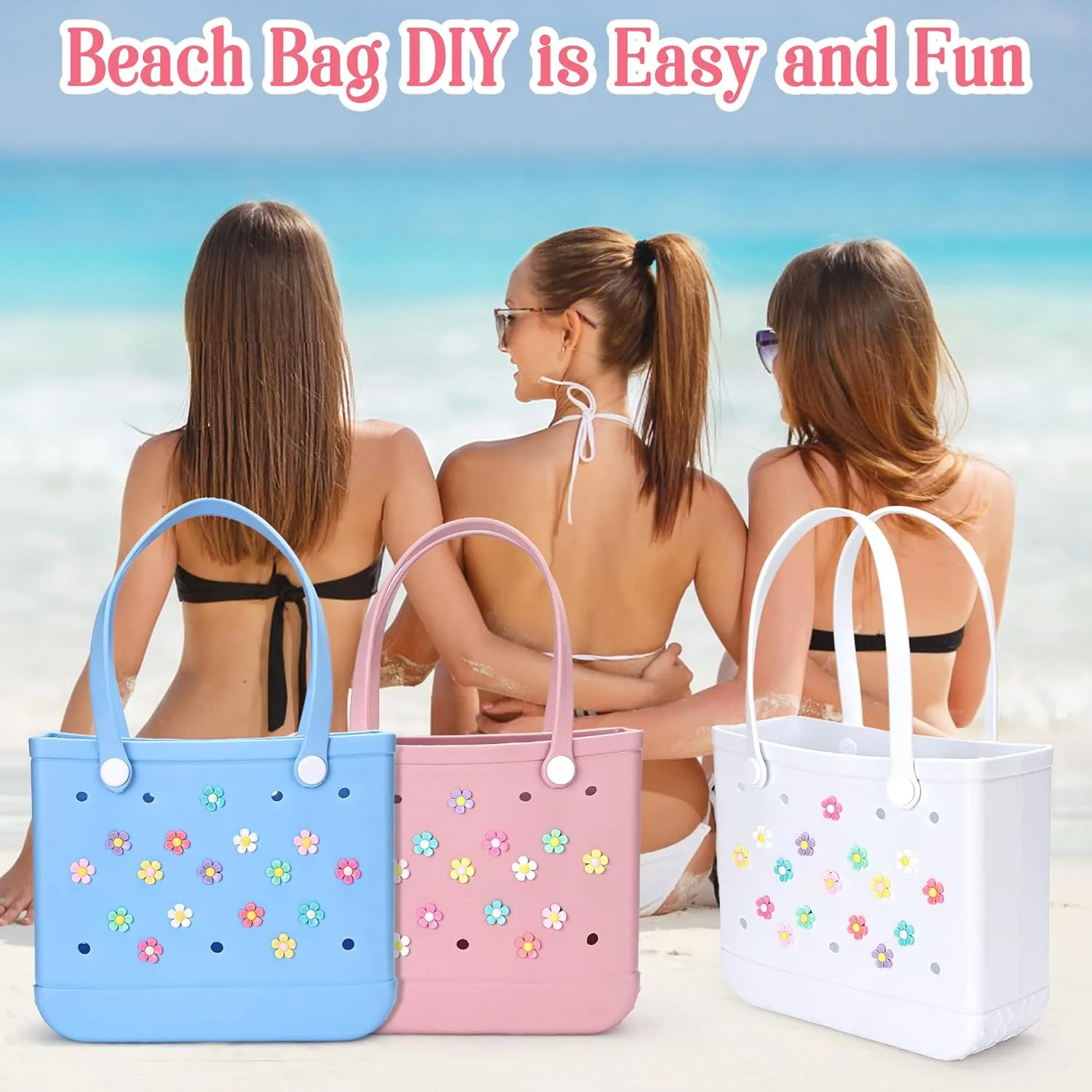 Ella & Emma 16Pcs Flower Charm Accessory for Bogg Bags and Simply Southern Totes, Decorative Accessories to Customize Your Beach Tote Bag (16pc Rainbow Flowers)