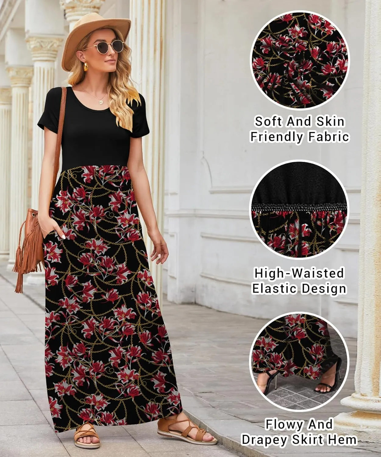 EUOVMY Women's Short Sleeve Loose Plain Maxi Dresses Casual Vacation Long Dresses with Pockets