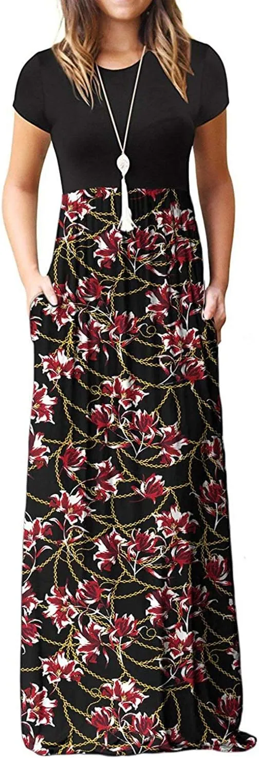 EUOVMY Women's Short Sleeve Loose Plain Maxi Dresses Casual Vacation Long Dresses with Pockets