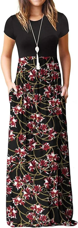 EUOVMY Women's Short Sleeve Loose Plain Maxi Dresses Casual Vacation Long Dresses with Pockets