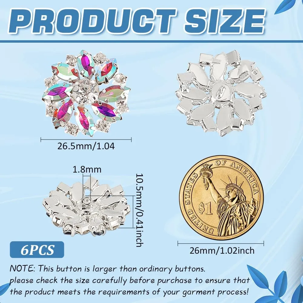 FINGERINSPIRE 6PCS 26.5MM Flower Brass Rhinestone Shank Crystal AB Color Sew On Buttons with 1-Hole and Flat Back, Fashion Claw Rhinestone Snowflake Metal Buttons for Crafts Wedding Party