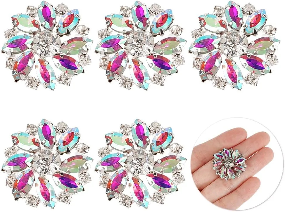 FINGERINSPIRE 6PCS 26.5MM Flower Brass Rhinestone Shank Crystal AB Color Sew On Buttons with 1-Hole and Flat Back, Fashion Claw Rhinestone Snowflake Metal Buttons for Crafts Wedding Party