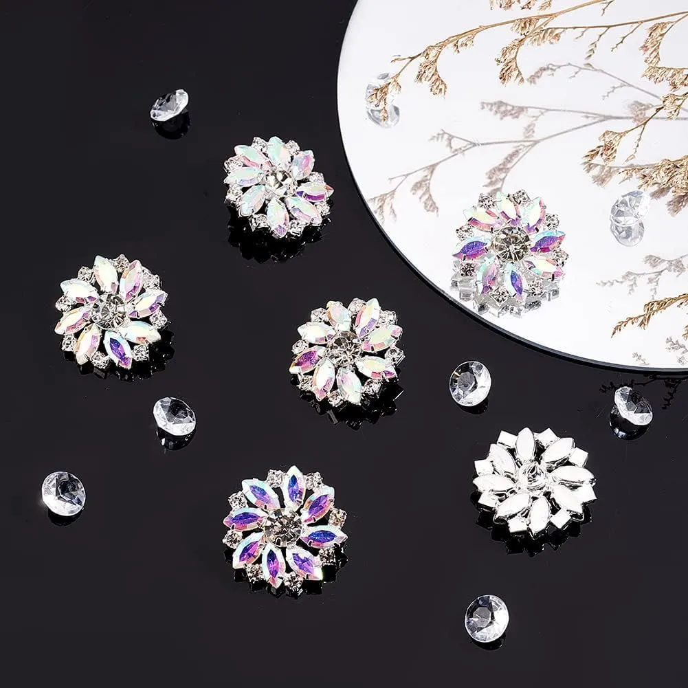 FINGERINSPIRE 6PCS 26.5MM Flower Brass Rhinestone Shank Crystal AB Color Sew On Buttons with 1-Hole and Flat Back, Fashion Claw Rhinestone Snowflake Metal Buttons for Crafts Wedding Party