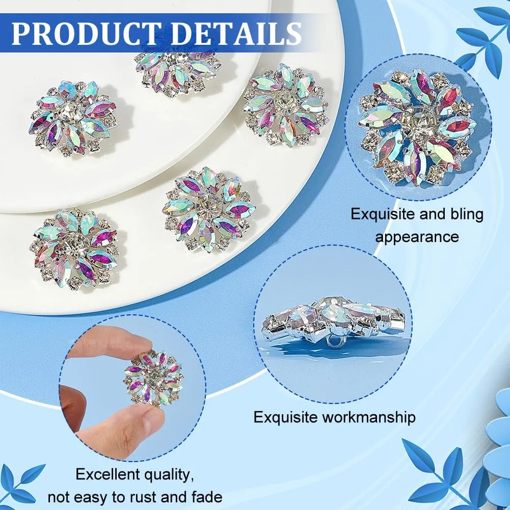 FINGERINSPIRE 6PCS 26.5MM Flower Brass Rhinestone Shank Crystal AB Color Sew On Buttons with 1-Hole and Flat Back, Fashion Claw Rhinestone Snowflake Metal Buttons for Crafts Wedding Party