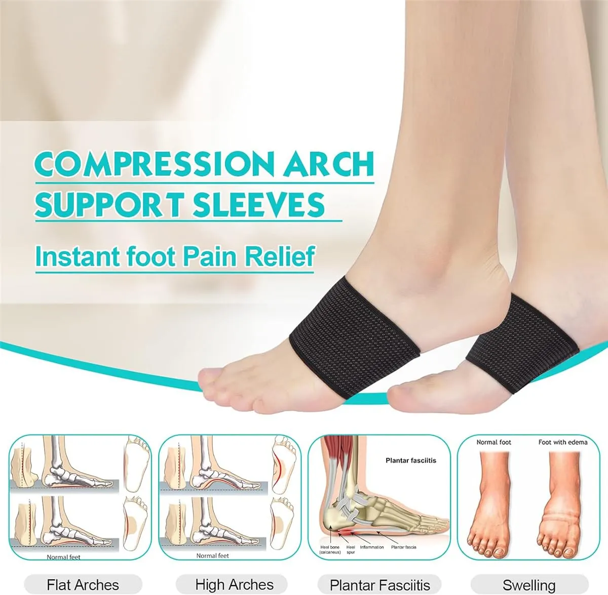 Foot Arch Support, 2 Pair Compression Arch Support Sleeves with Gel Pad Inside, Plantar Fasciitis Braces for Flat Foot, High Arch Pain Relief, Unisex (S, Beige)