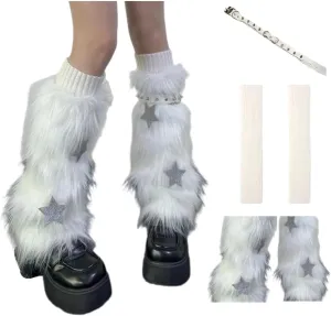 Furry Leg Warmers for Women 3in1 Kawaii Star Bone Plush Y2K Leg Socks Pink Lolita Faux Fur 80s Harajuku Punk Gothic