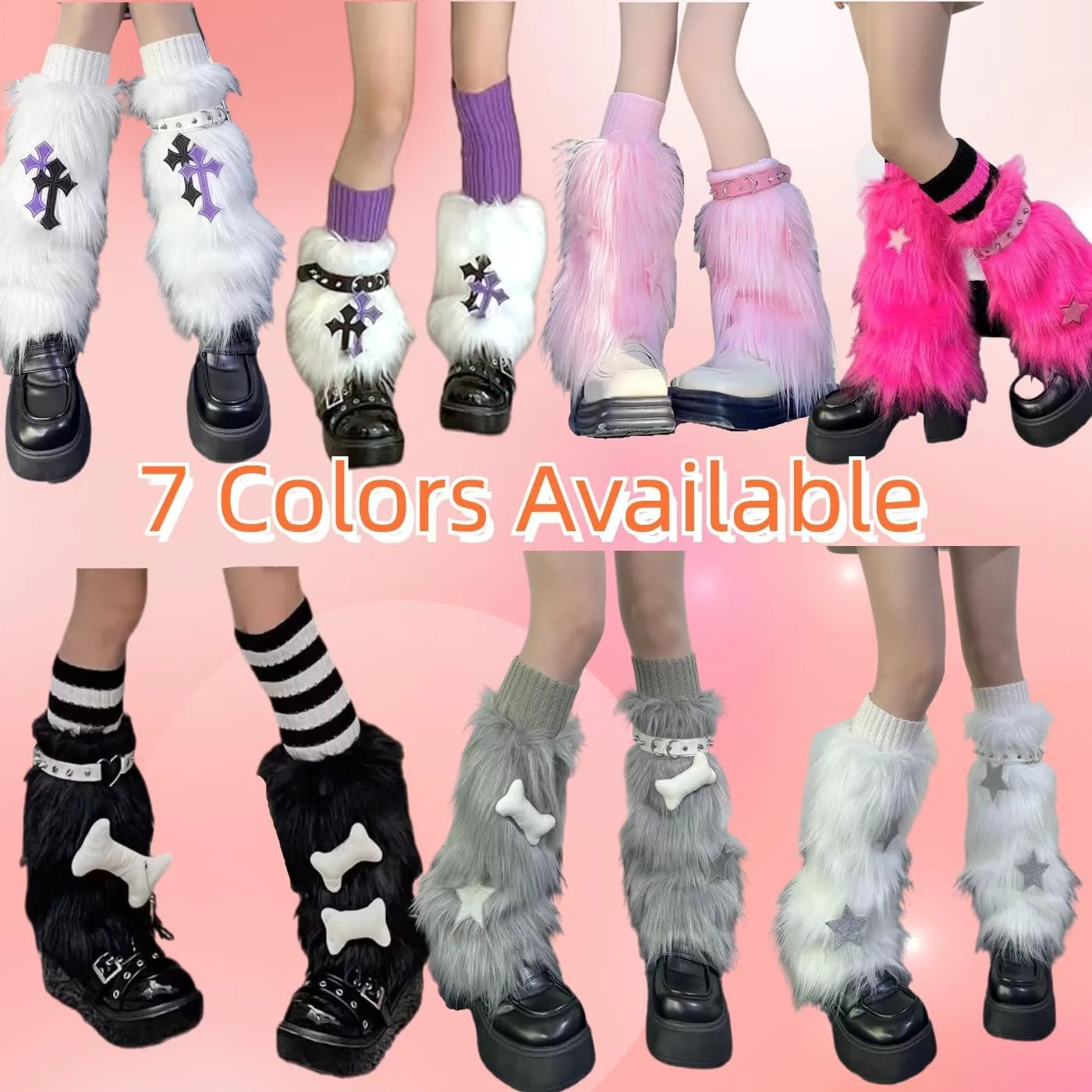 Furry Leg Warmers for Women 3in1 Kawaii Star Bone Plush Y2K Leg Socks Pink Lolita Faux Fur 80s Harajuku Punk Gothic
