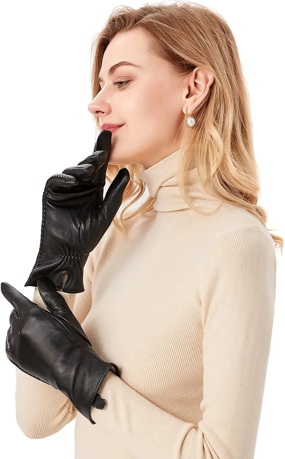 Genuine Sheepskin Leather Gloves for Women, Winter Warm Touchscreen Texting Cashmere Lined Driving Dress Gloves