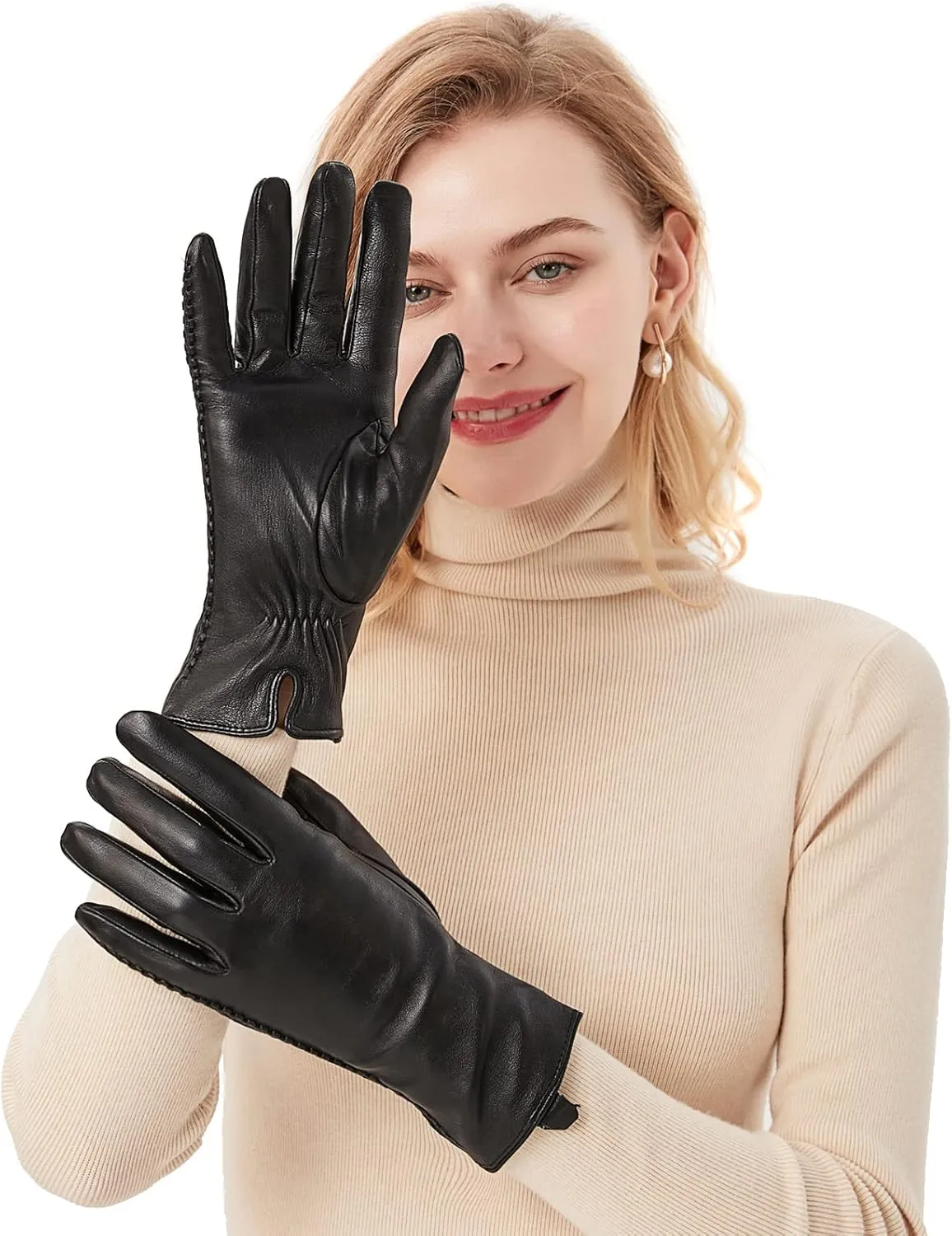 Genuine Sheepskin Leather Gloves for Women, Winter Warm Touchscreen Texting Cashmere Lined Driving Dress Gloves
