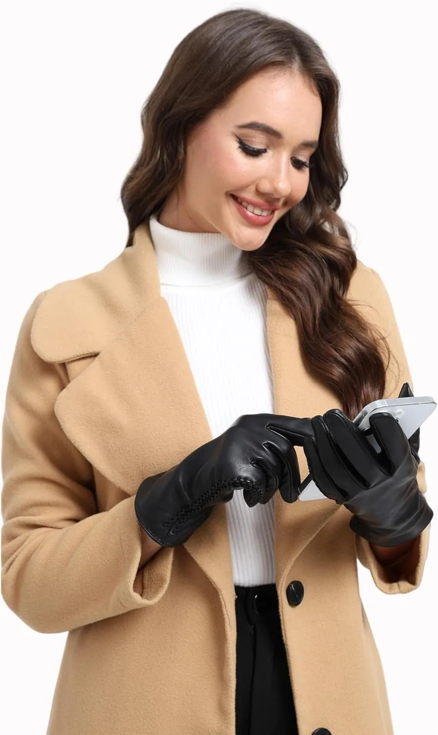 Genuine Sheepskin Leather Gloves for Women, Winter Warm Touchscreen Texting Cashmere Lined Driving Dress Gloves
