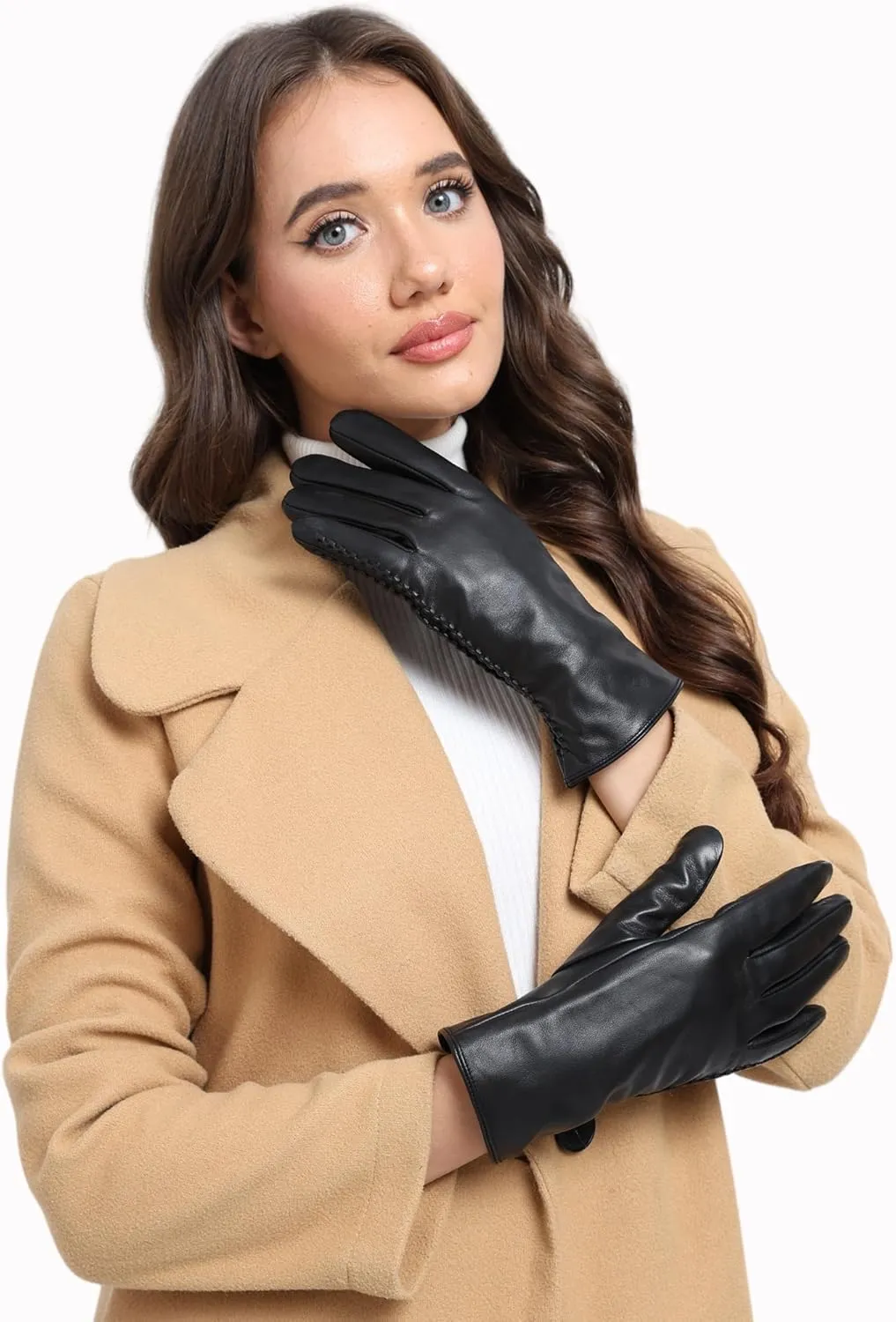 Genuine Sheepskin Leather Gloves for Women, Winter Warm Touchscreen Texting Cashmere Lined Driving Dress Gloves
