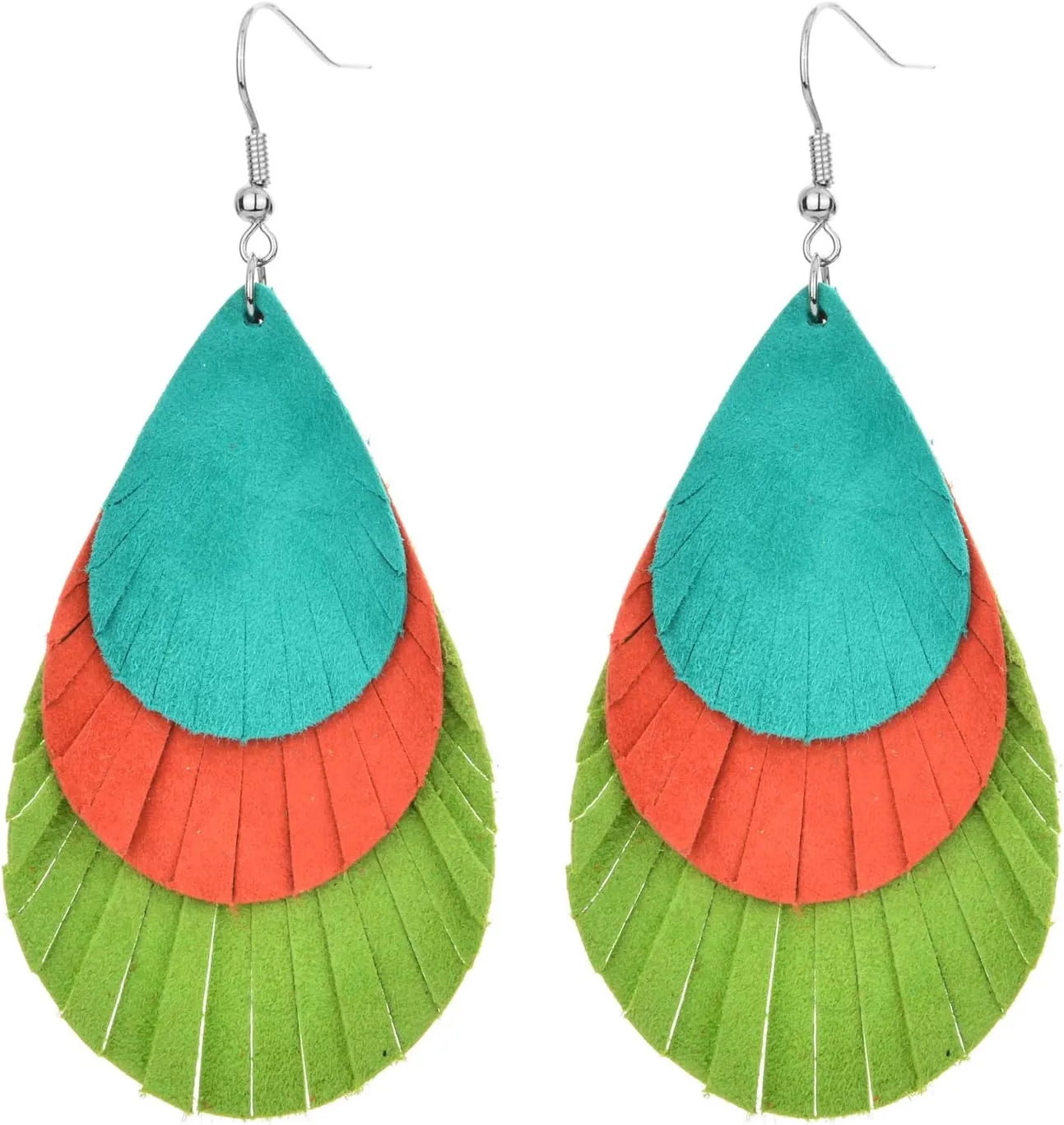 Geometric Genuine Leather Layered Tassel Earrings for Women Metallic Color Multilayer lightweight Long Leather Earring