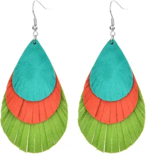 Geometric Genuine Leather Layered Tassel Earrings for Women Metallic Color Multilayer lightweight Long Leather Earring
