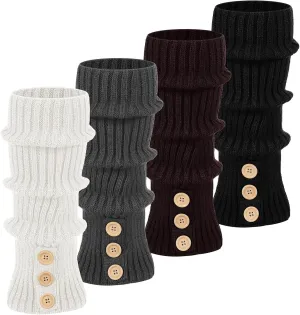 Geyoga 4 Pairs Leg Warmers Velvet Bow Winter Warm Leg Warmer Boot Socks Kawaii Leg Warmers Button Boot Cuffs for Women Girls(Black, White, Dark Gray, Coffee,Buttons)