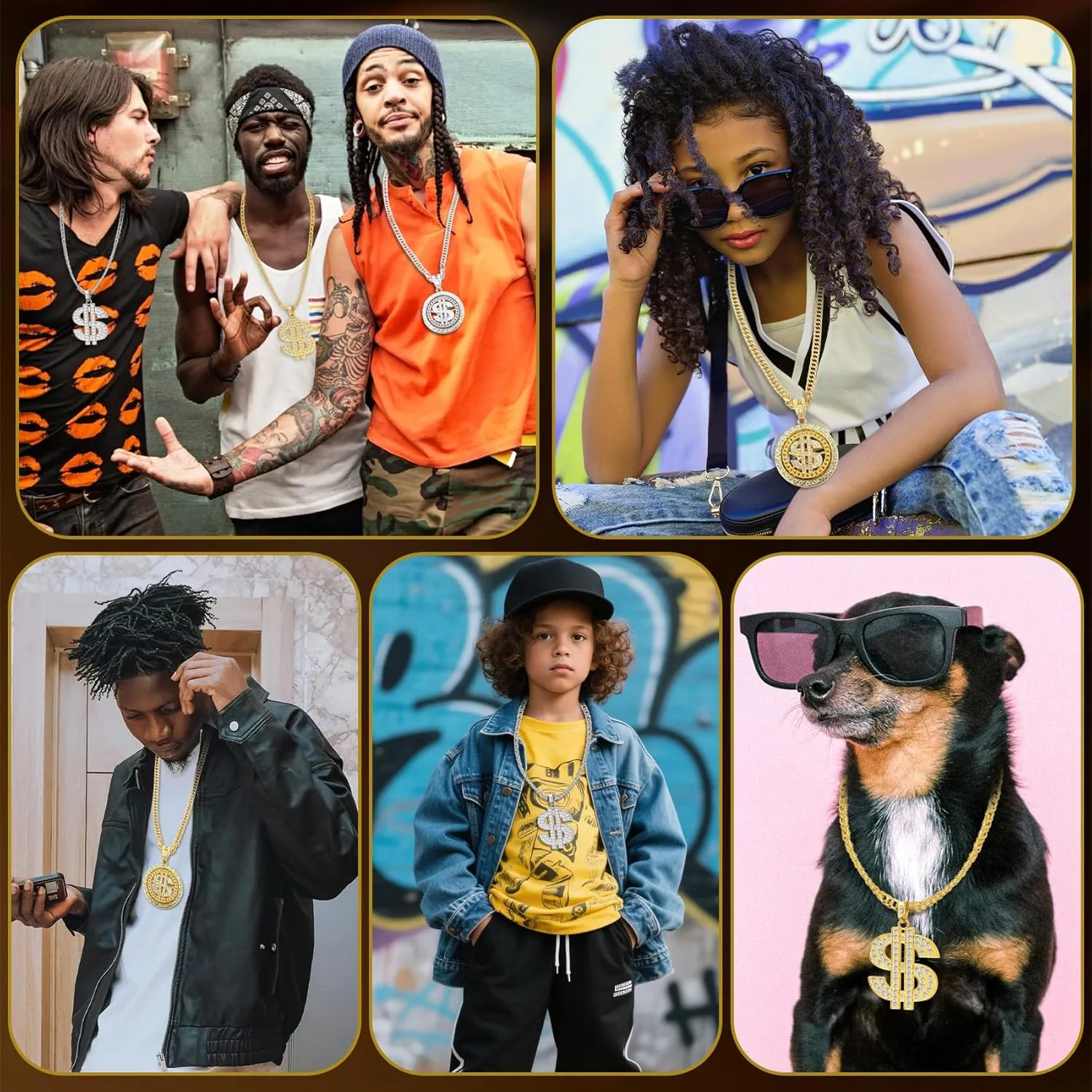 Gold Chain with Dollar Sign, Fake Gold Chain, Money Chain Necklace for Men Women Gold Plated Stainless Steel Jewelry Fashion Pendants for 70s 80s 90s Hip Hop Rapper Costume Accessories
