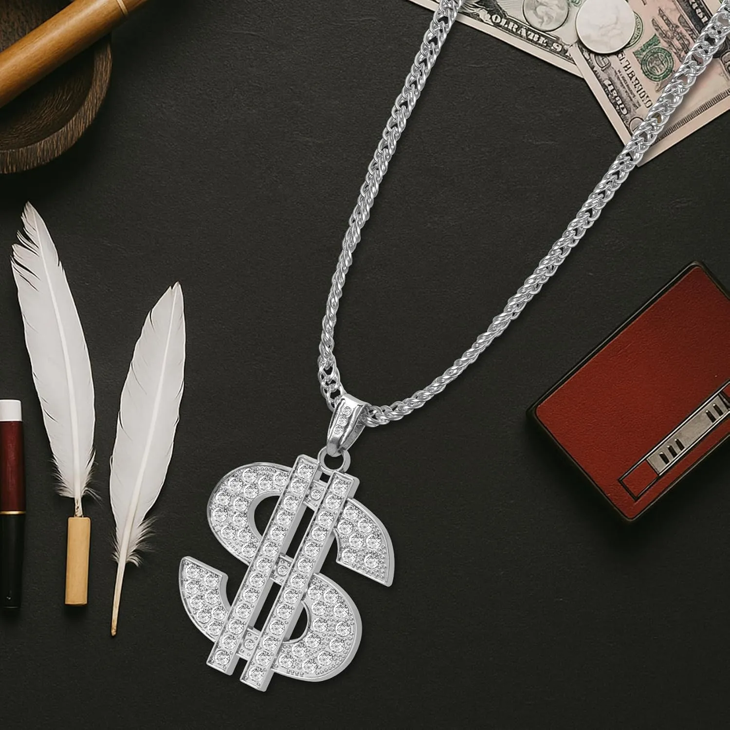 Gold Chain with Dollar Sign, Fake Gold Chain, Money Chain Necklace for Men Women Gold Plated Stainless Steel Jewelry Fashion Pendants for 70s 80s 90s Hip Hop Rapper Costume Accessories