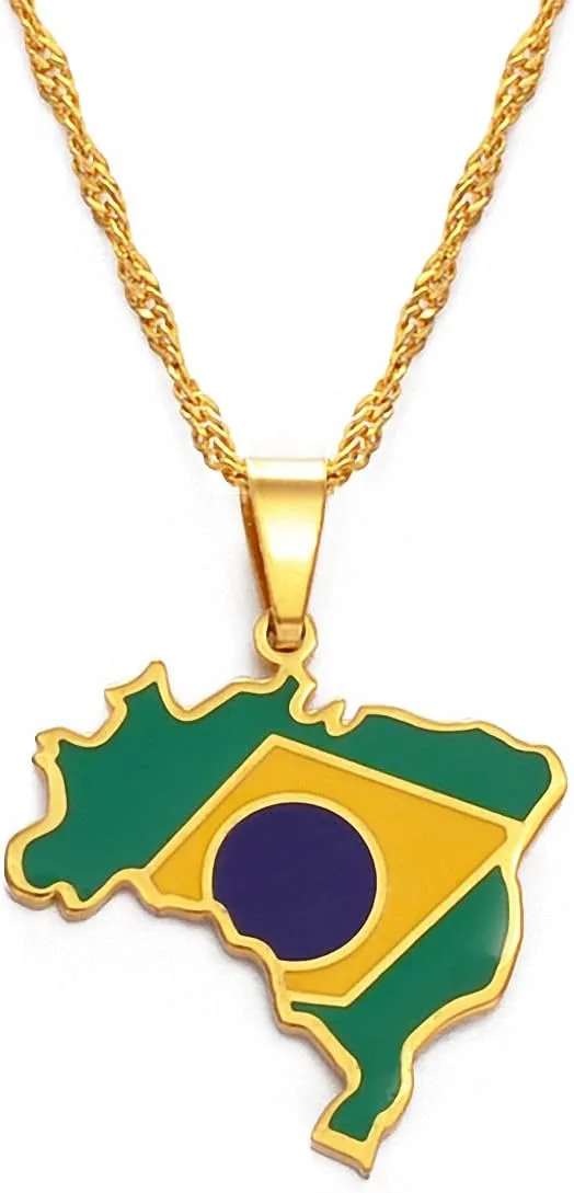 Hafrita Brazil Map And Flag Pendant Necklace Brasil Men Gold Maps Flag Pendant Necklaces