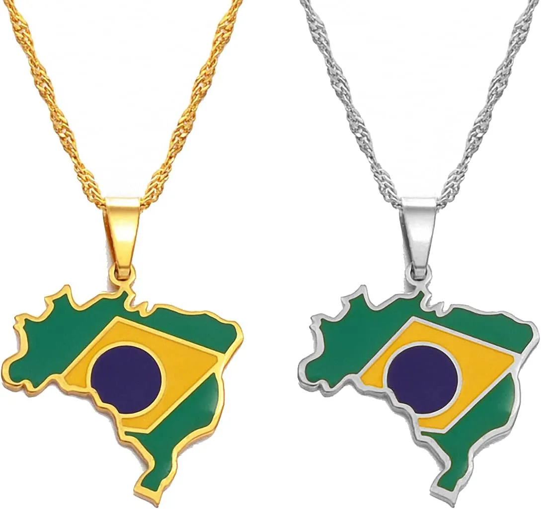 Hafrita Brazil Map And Flag Pendant Necklace Brasil Men Gold Maps Flag Pendant Necklaces