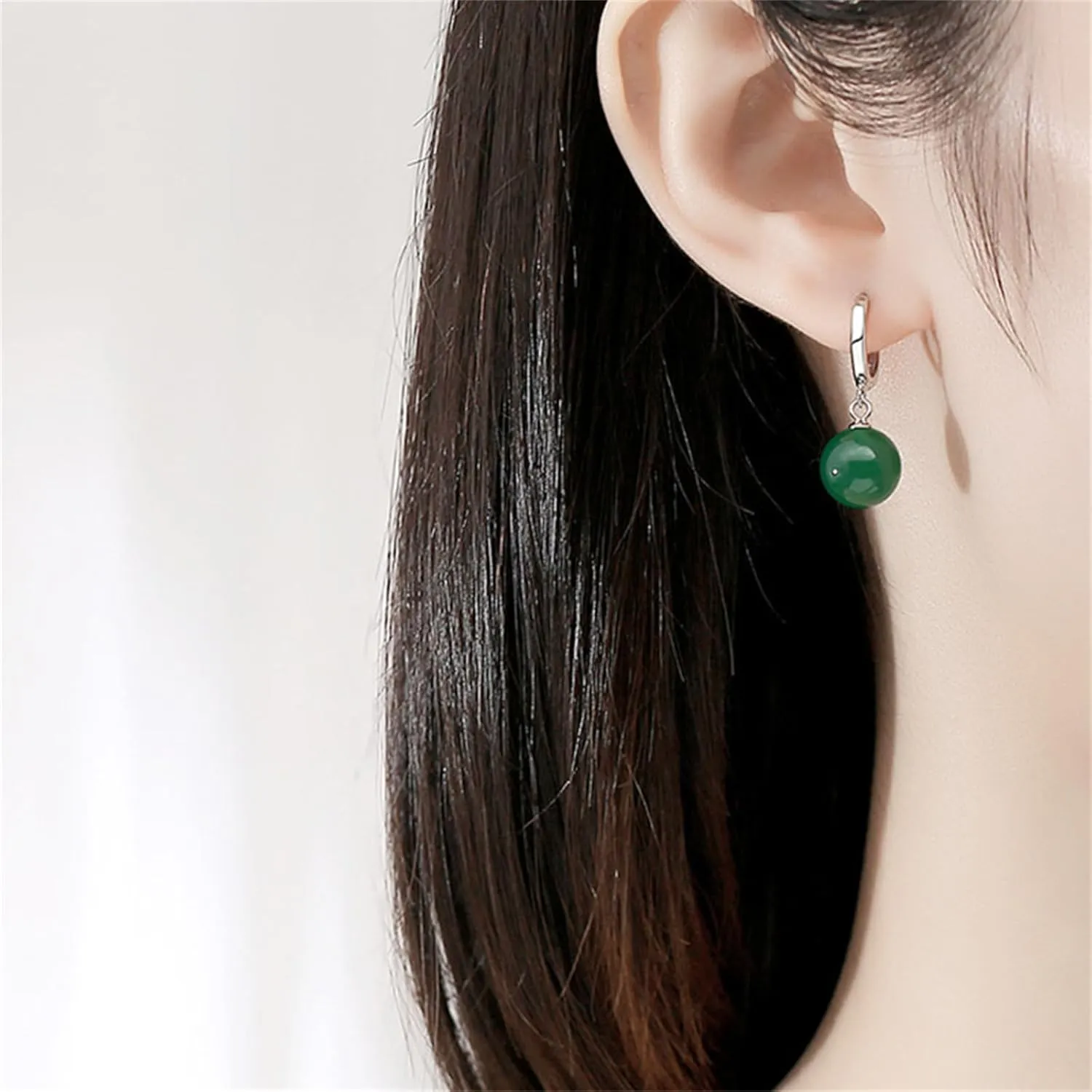 Handmade Jade Earrings Basic Gemstone Round 12MM Bead Ball Drop Dangle Earrings Rose Quartz Stone Earrings Natural Agate Bead Jade Drop Earrings for Women (Green)