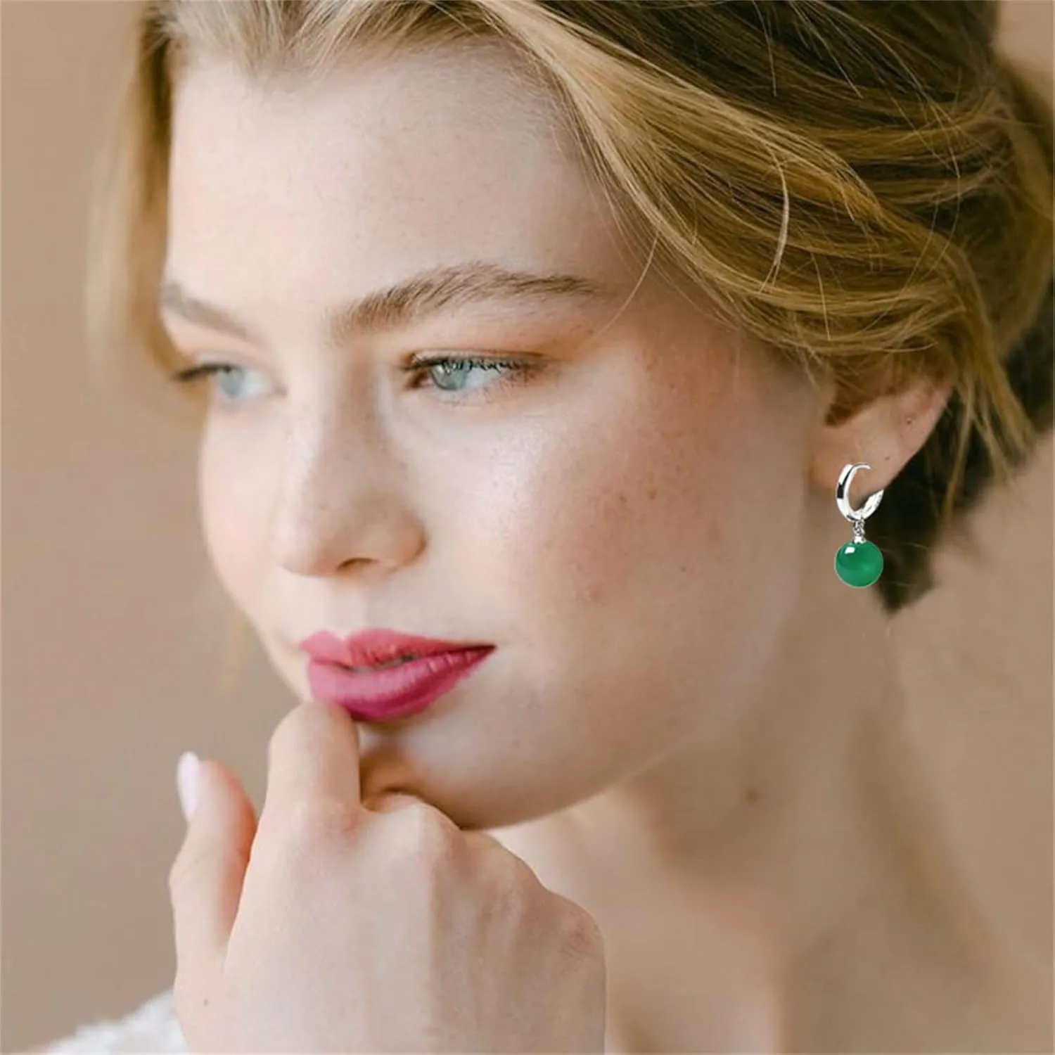 Handmade Jade Earrings Basic Gemstone Round 12MM Bead Ball Drop Dangle Earrings Rose Quartz Stone Earrings Natural Agate Bead Jade Drop Earrings for Women (Green)