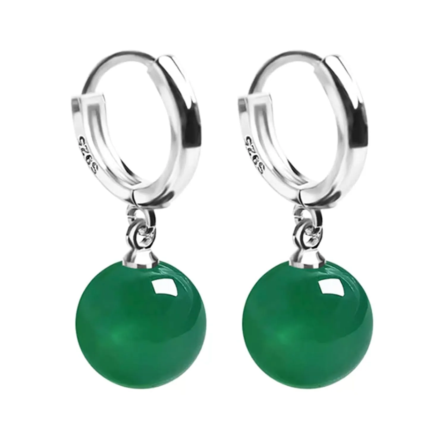 Handmade Jade Earrings Basic Gemstone Round 12MM Bead Ball Drop Dangle Earrings Rose Quartz Stone Earrings Natural Agate Bead Jade Drop Earrings for Women (Green)