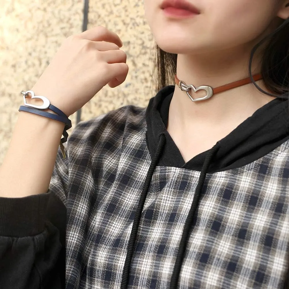 Heart Leather Bracelet for Women Stackable Wrap Cuff Bracelet Love Punk Leather Choker Necklace Valentine's Day Jewelry
