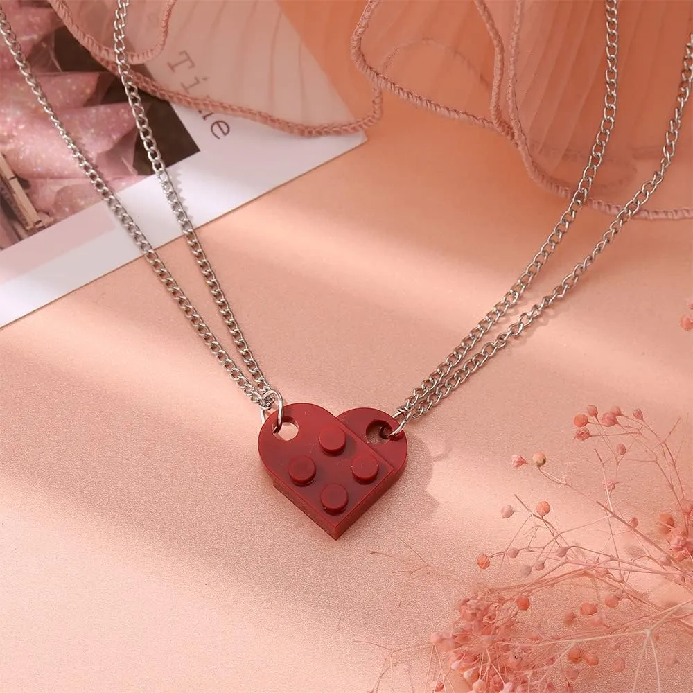 Heart Shaped Brick Necklace for Couples Friends Besties, 2 Pcs Heart Shaped Brick Pendant Necklace for Women Men Memorial Jewelry