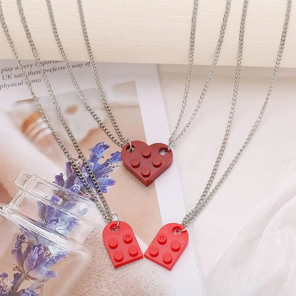 Heart Shaped Brick Necklace for Couples Friends Besties, 2 Pcs Heart Shaped Brick Pendant Necklace for Women Men Memorial Jewelry