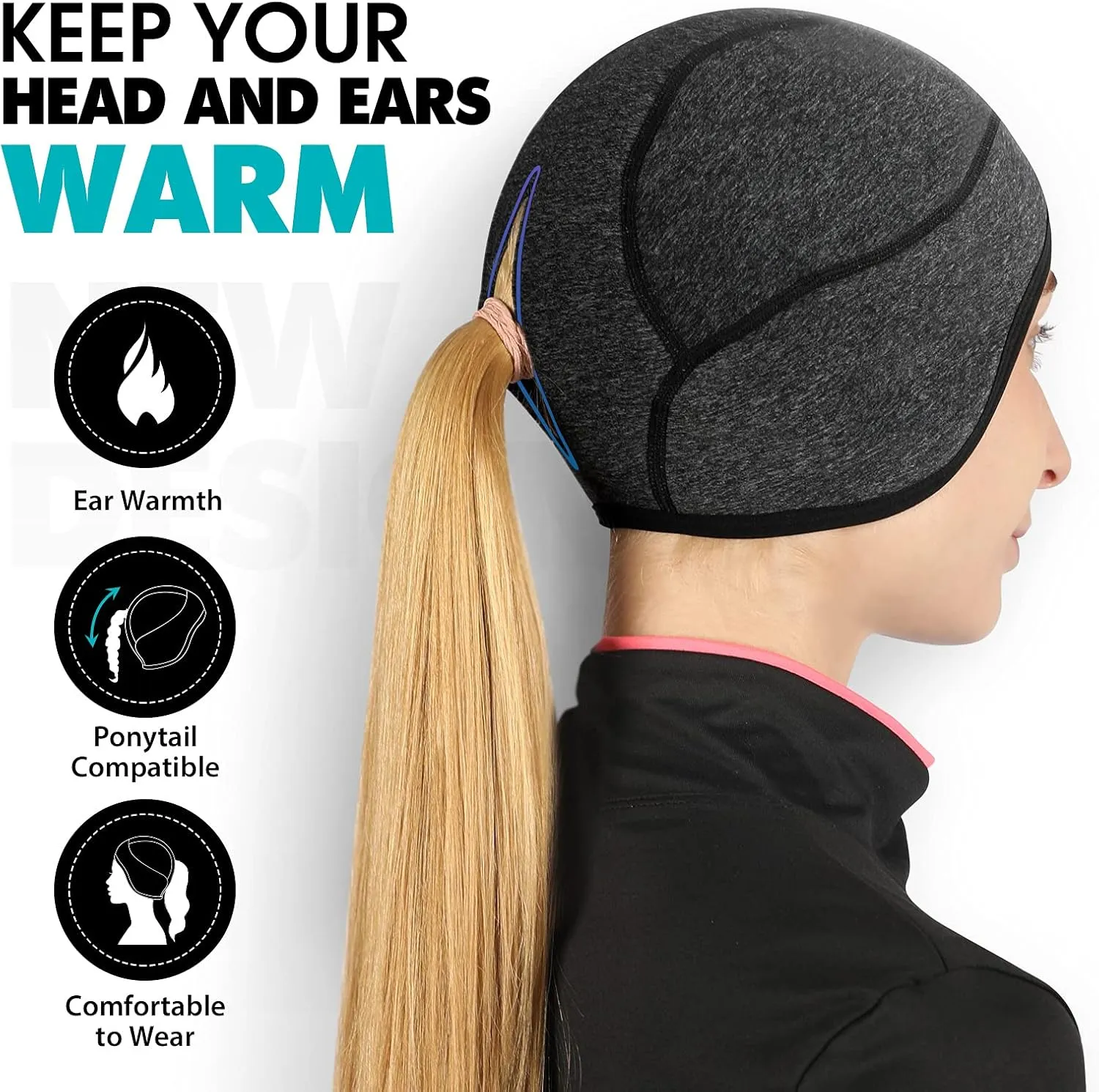 Hikenture Womens Skull Cap with Ponytail Hole,Winter Running Beanie Hat Cold Weather Thermal Cycling Helmet Liner with Fleece