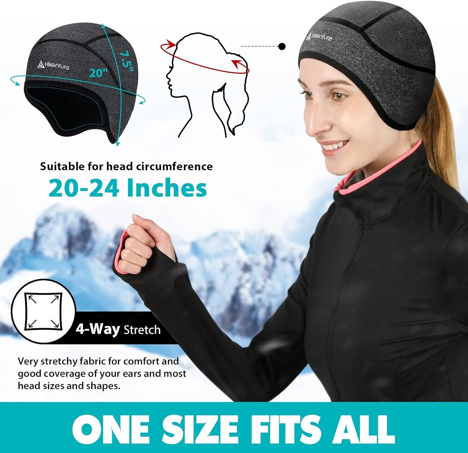 Hikenture Womens Skull Cap with Ponytail Hole,Winter Running Beanie Hat Cold Weather Thermal Cycling Helmet Liner with Fleece