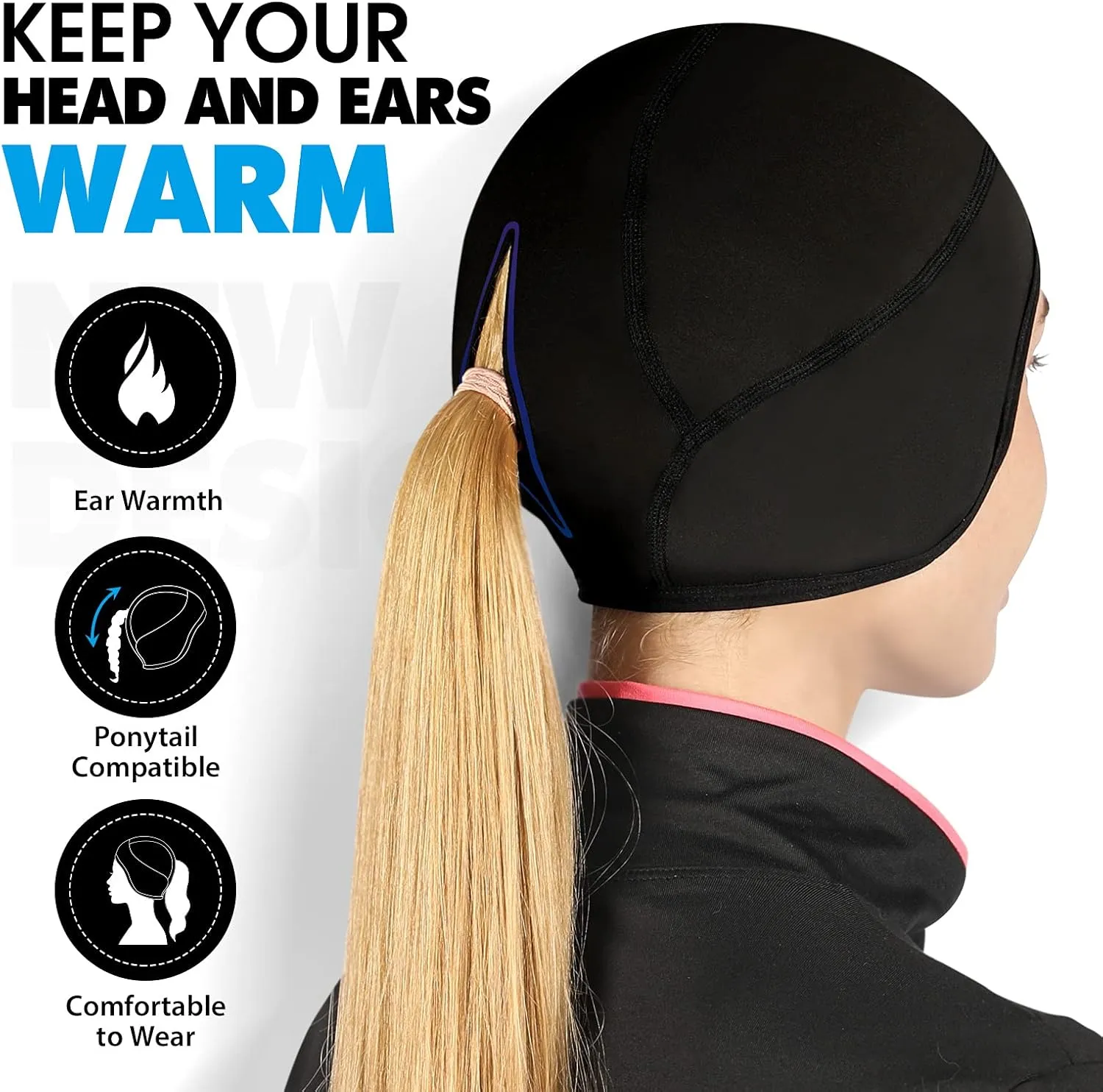 Hikenture Womens Skull Cap with Ponytail Hole,Winter Running Beanie Hat Cold Weather Thermal Cycling Helmet Liner with Fleece