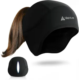 Hikenture Womens Skull Cap with Ponytail Hole,Winter Running Beanie Hat Cold Weather Thermal Cycling Helmet Liner with Fleece