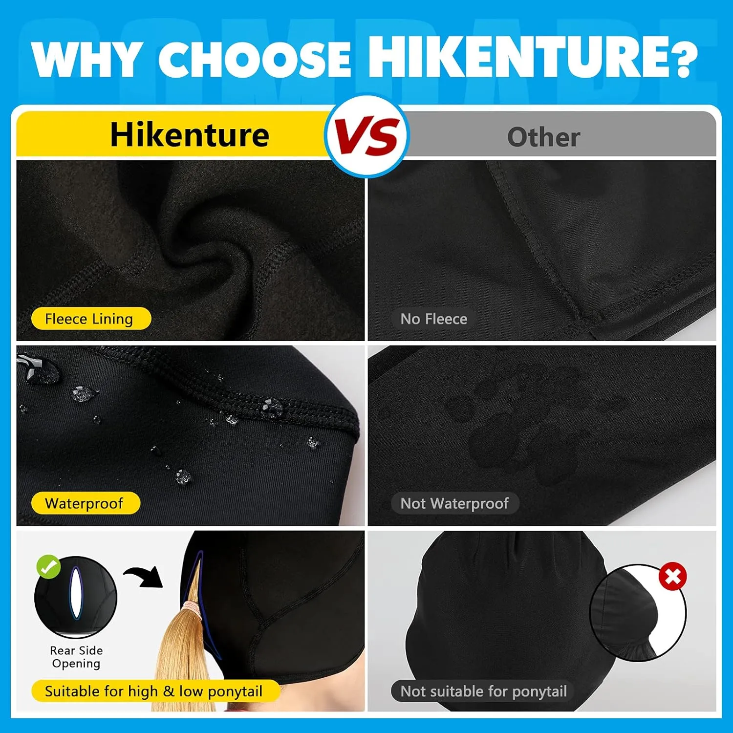 Hikenture Womens Skull Cap with Ponytail Hole,Winter Running Beanie Hat Cold Weather Thermal Cycling Helmet Liner with Fleece