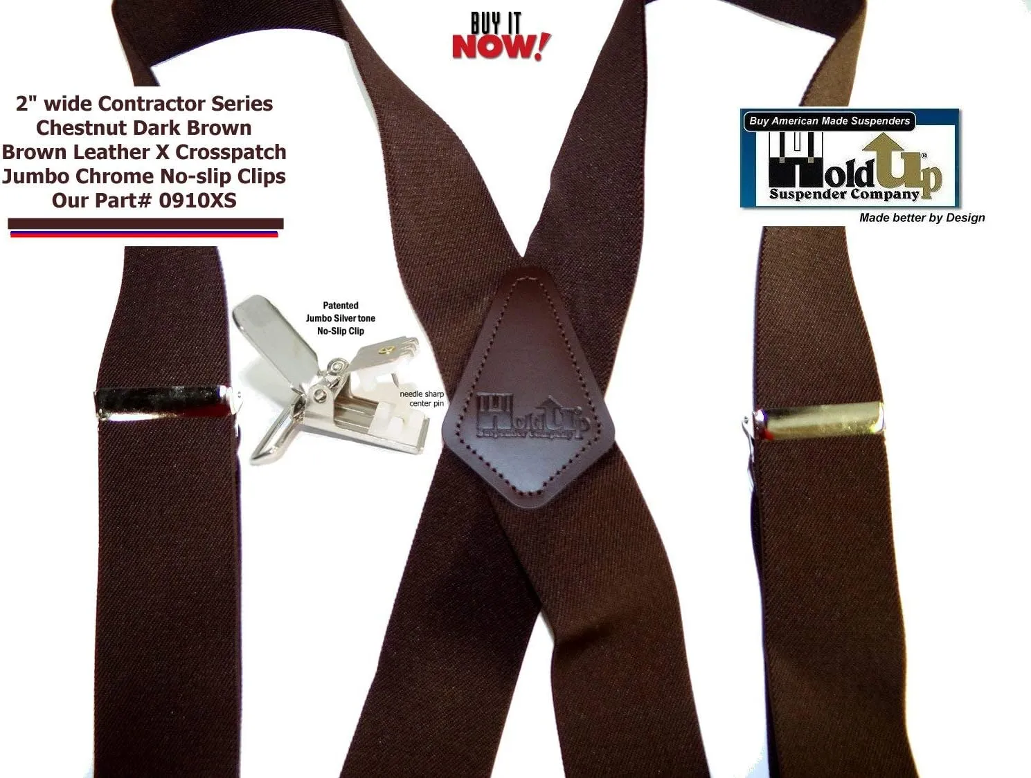 Holdup 2" Wide Contractor Suspenders for Men with Patented No-slip metal clip.