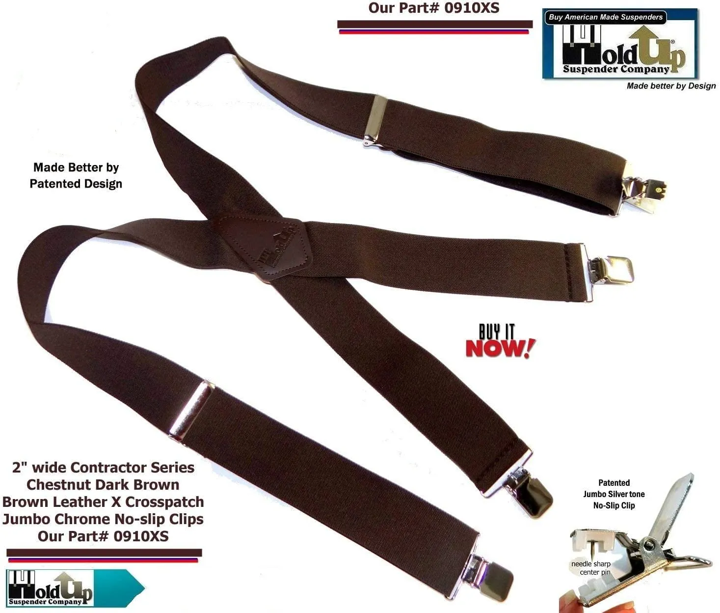 Holdup 2" Wide Contractor Suspenders for Men with Patented No-slip metal clip.