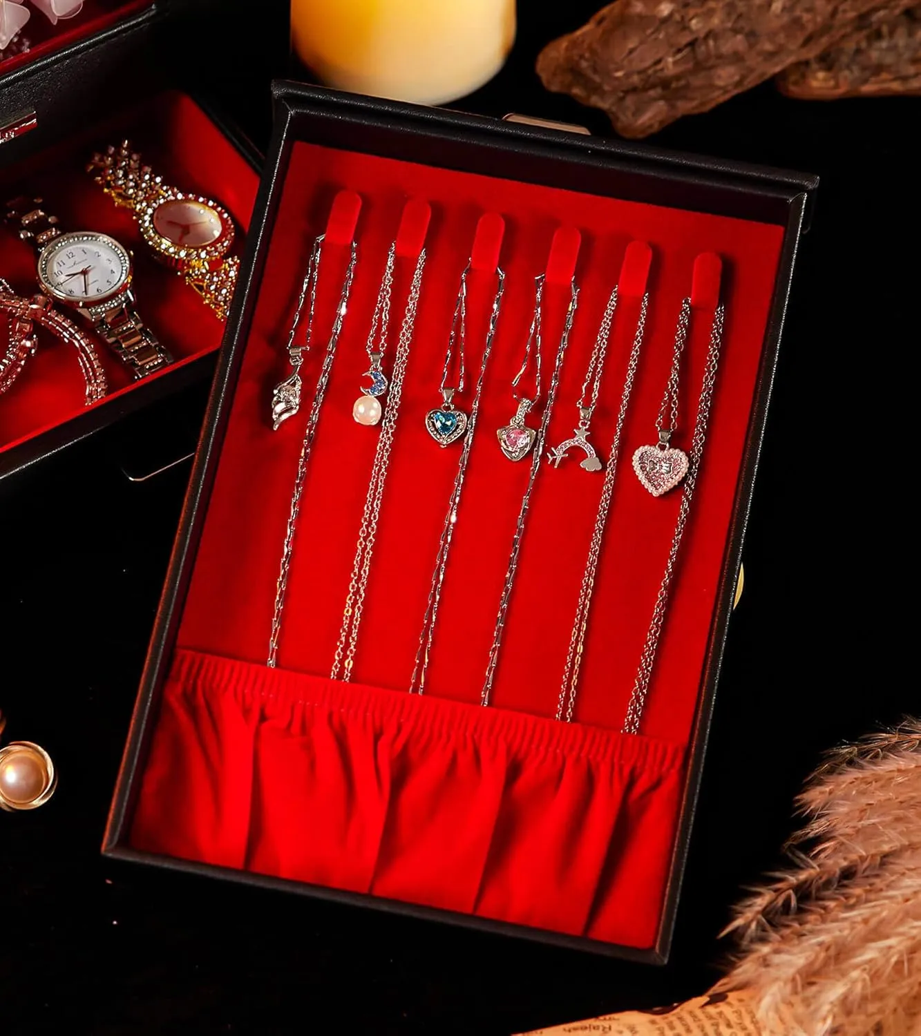 Homde Jewelry Organizer with Transparent Window Necklace Hooks Gift for Women Jewelry Box Display Case for Necklaces Rings Earrings Bracelets and Other Jewelry Accessories (Black   Red  Gold)