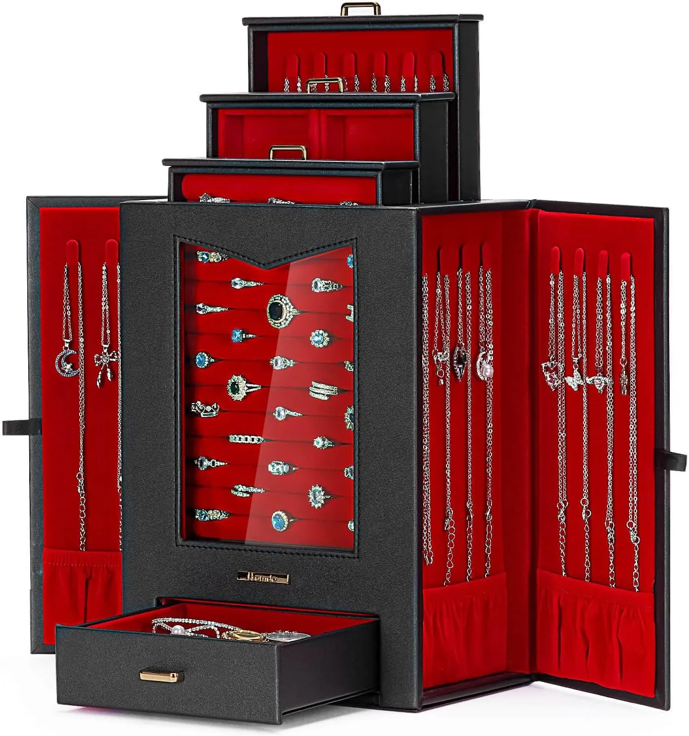 Homde Jewelry Organizer with Transparent Window Necklace Hooks Gift for Women Jewelry Box Display Case for Necklaces Rings Earrings Bracelets and Other Jewelry Accessories (Black   Red  Gold)