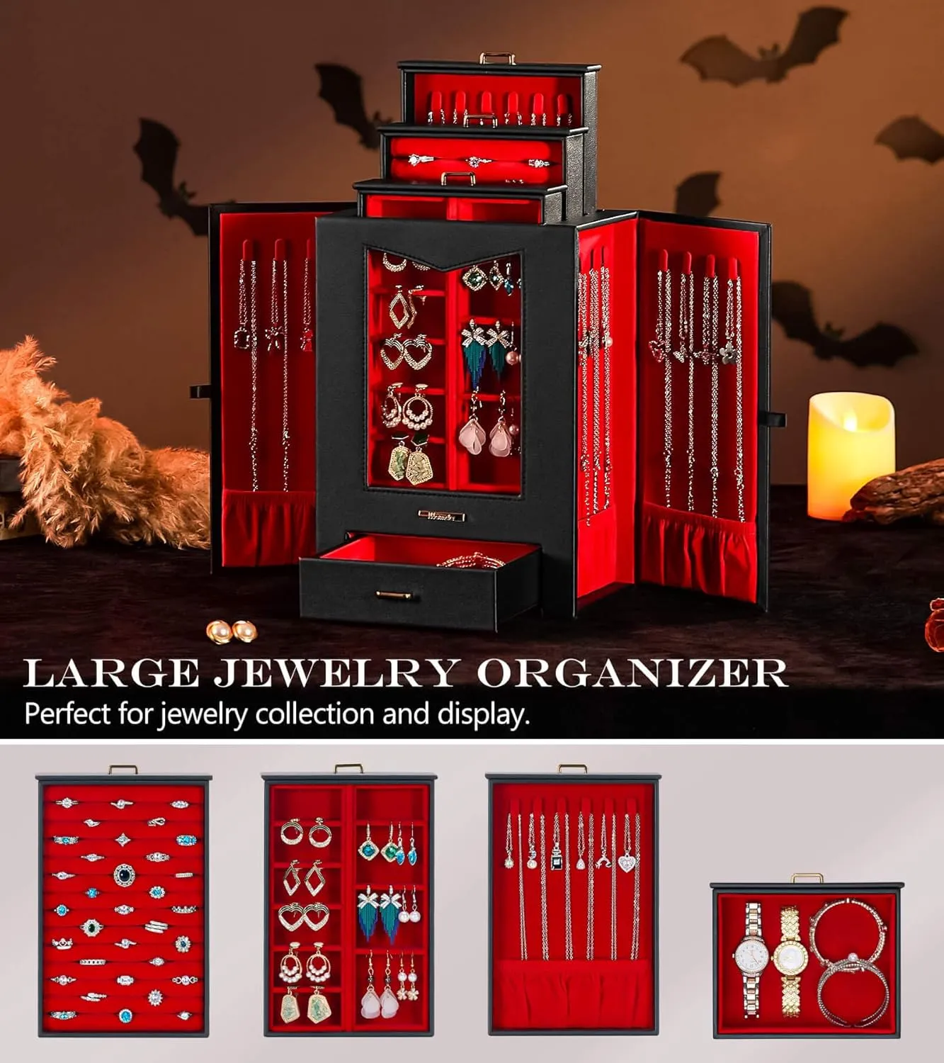 Homde Jewelry Organizer with Transparent Window Necklace Hooks Gift for Women Jewelry Box Display Case for Necklaces Rings Earrings Bracelets and Other Jewelry Accessories (Black   Red  Gold)
