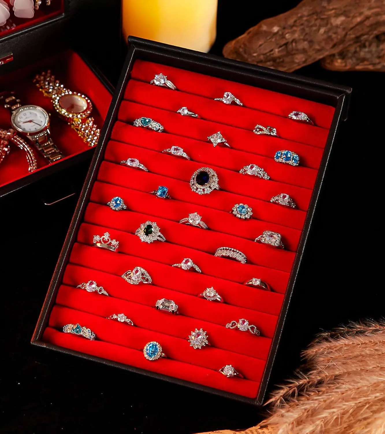 Homde Jewelry Organizer with Transparent Window Necklace Hooks Gift for Women Jewelry Box Display Case for Necklaces Rings Earrings Bracelets and Other Jewelry Accessories (Black   Red  Gold)