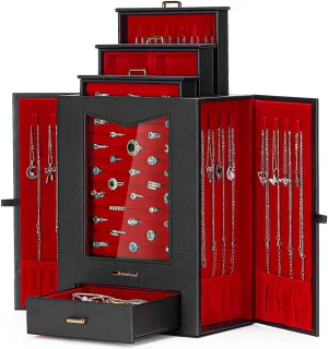 Homde Jewelry Organizer with Transparent Window Necklace Hooks Gift for Women Jewelry Box Display Case for Necklaces Rings Earrings Bracelets and Other Jewelry Accessories (Black   Red  Gold)