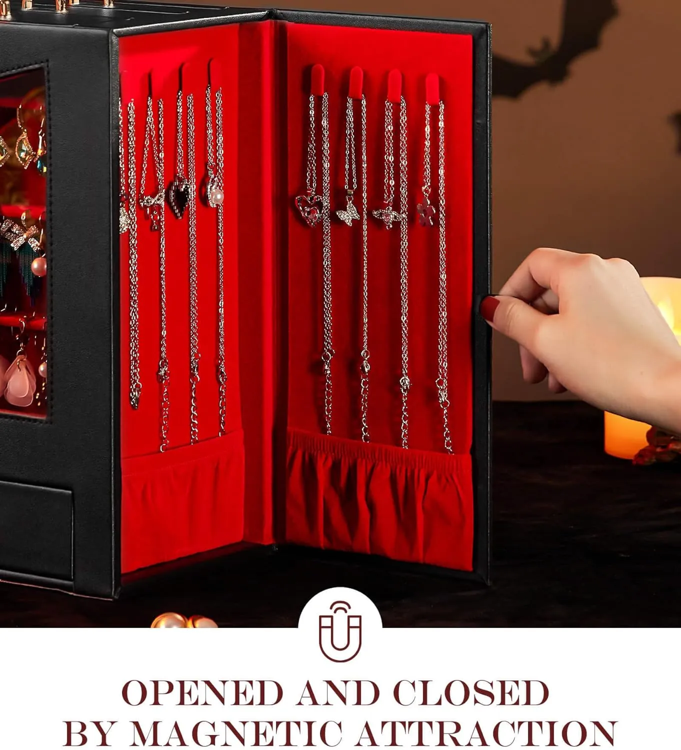 Homde Jewelry Organizer with Transparent Window Necklace Hooks Gift for Women Jewelry Box Display Case for Necklaces Rings Earrings Bracelets and Other Jewelry Accessories (Black   Red  Gold)